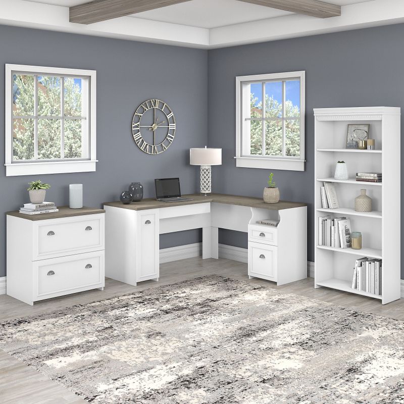 FV008G2W Bush Furniture Fairview 60W L Shaped Desk with Lateral File Cabinet and 5 Shelf Bookcase in Pure White and Shiplap Gray