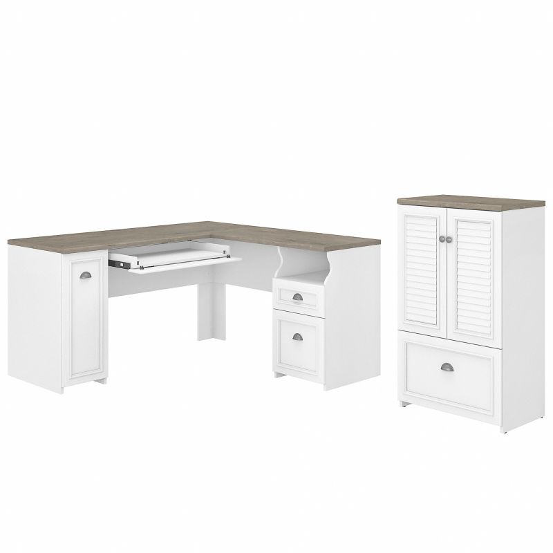 FV009G2W Bush Furniture Fairview 60W L Shaped Desk and 2 Door Storage Cabinet with File Drawer in Pure White and Shiplap Gray