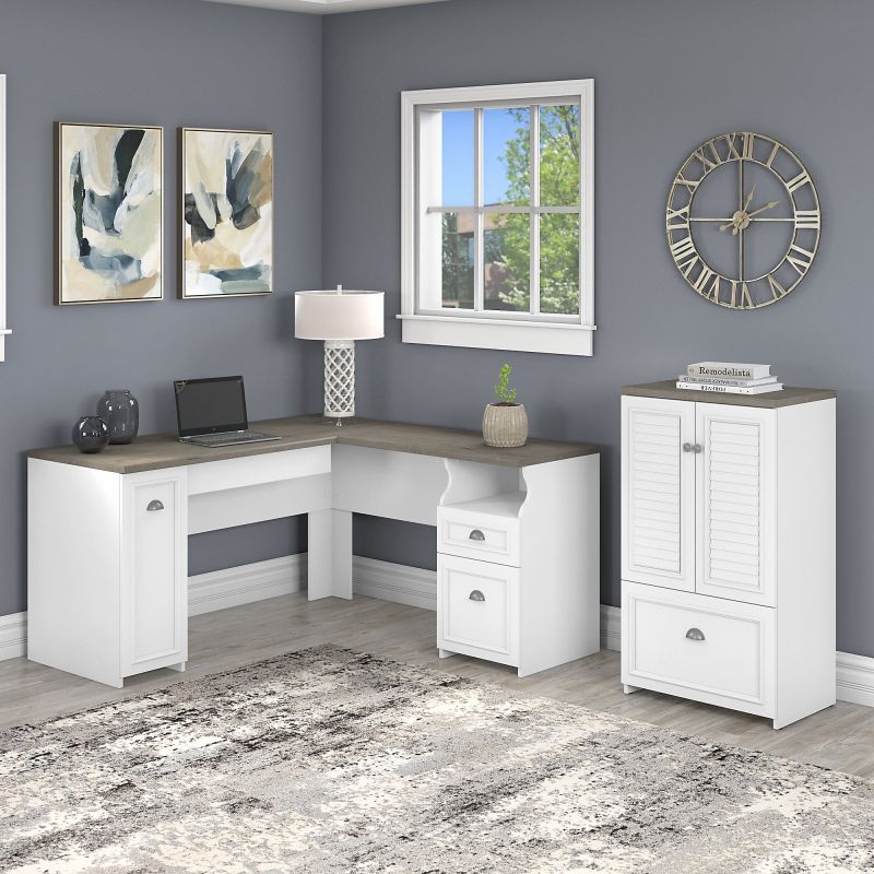 FV009G2W Bush Furniture Fairview 60W L Shaped Desk and 2 Door Storage Cabinet with File Drawer in Pure White and Shiplap Gray