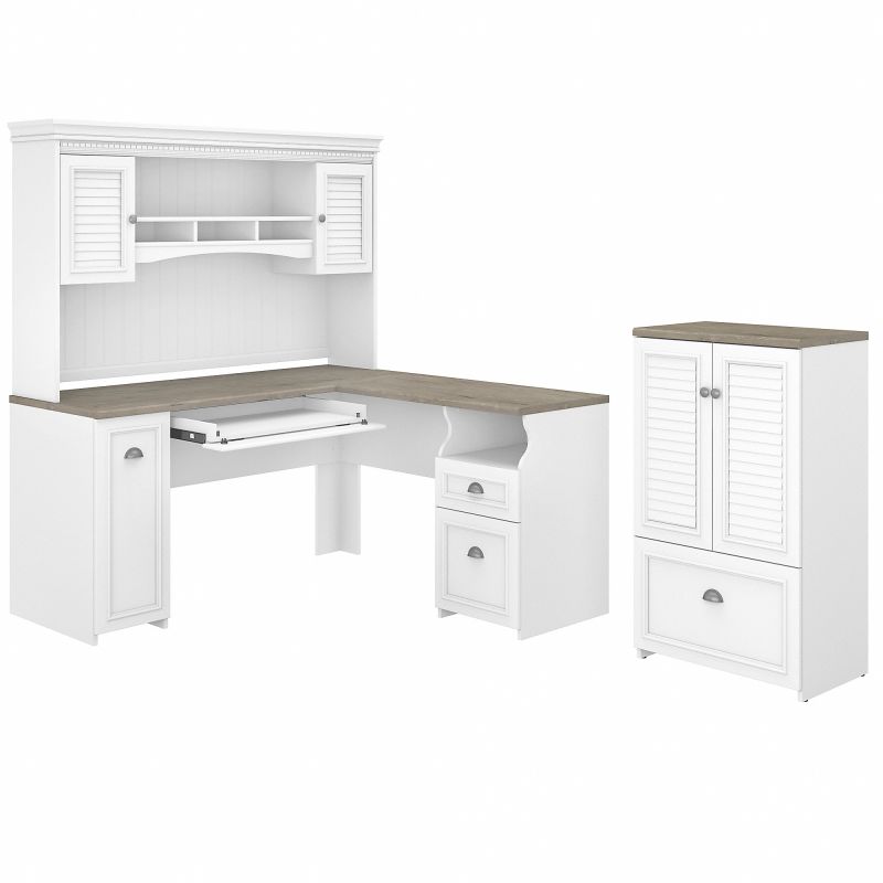 FV010G2W Bush Furniture Fairview 60W L Shaped Desk with Hutch and Storage Cabinet with File Drawer in Pure White and Shiplap Gray