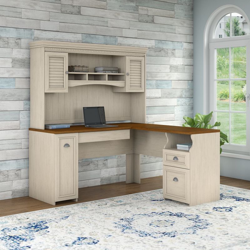 FVW002 L Shaped Desk with Hutch in Antique White