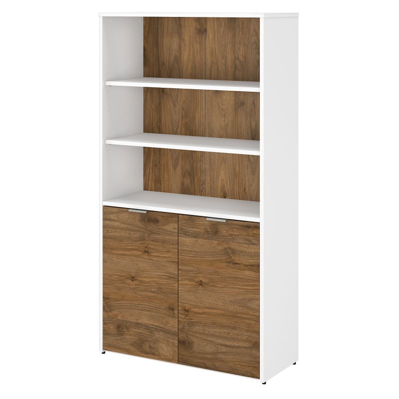 5 Shelf Bookcase with Doors in White and Fresh Walnut