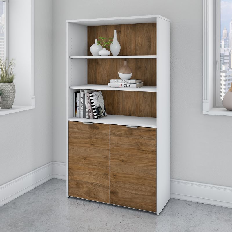 JTB136FWWH 5 Shelf Bookcase with Doors in White and Fresh Walnut