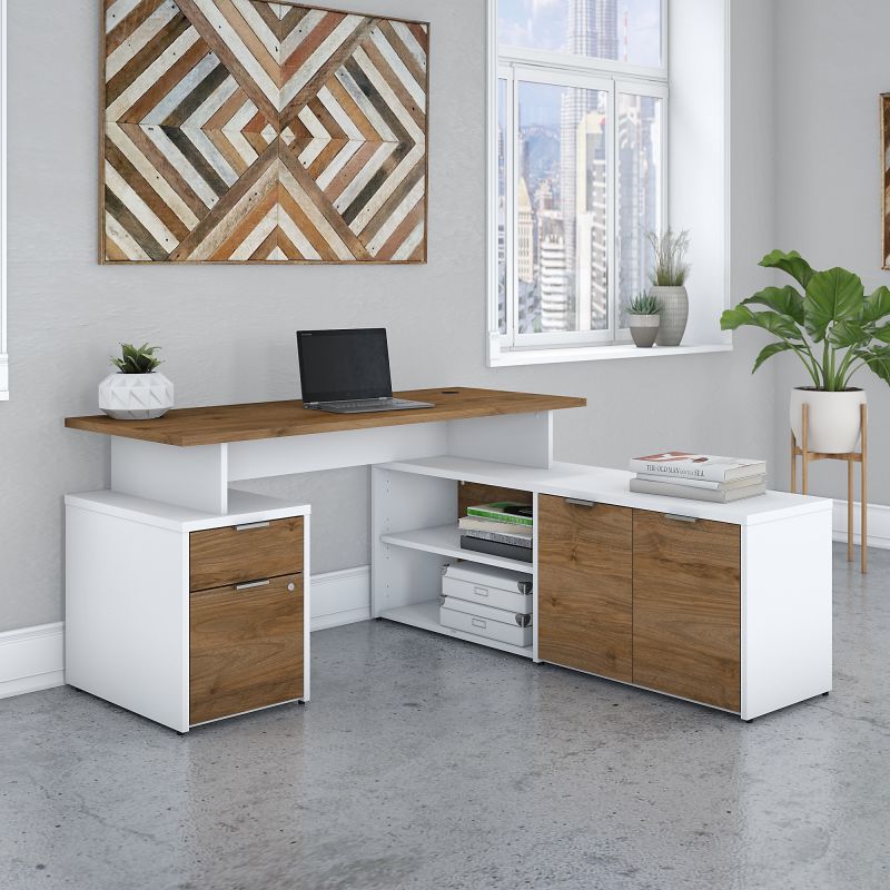JTN021FWWHSU 60W L Shaped Desk with Drawers in White and Fresh Walnut