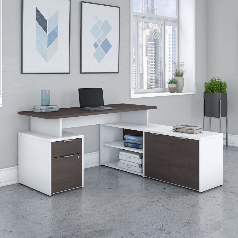 JTN021SGWHSU 60W L Shaped Desk with Drawers in White and Storm Gray