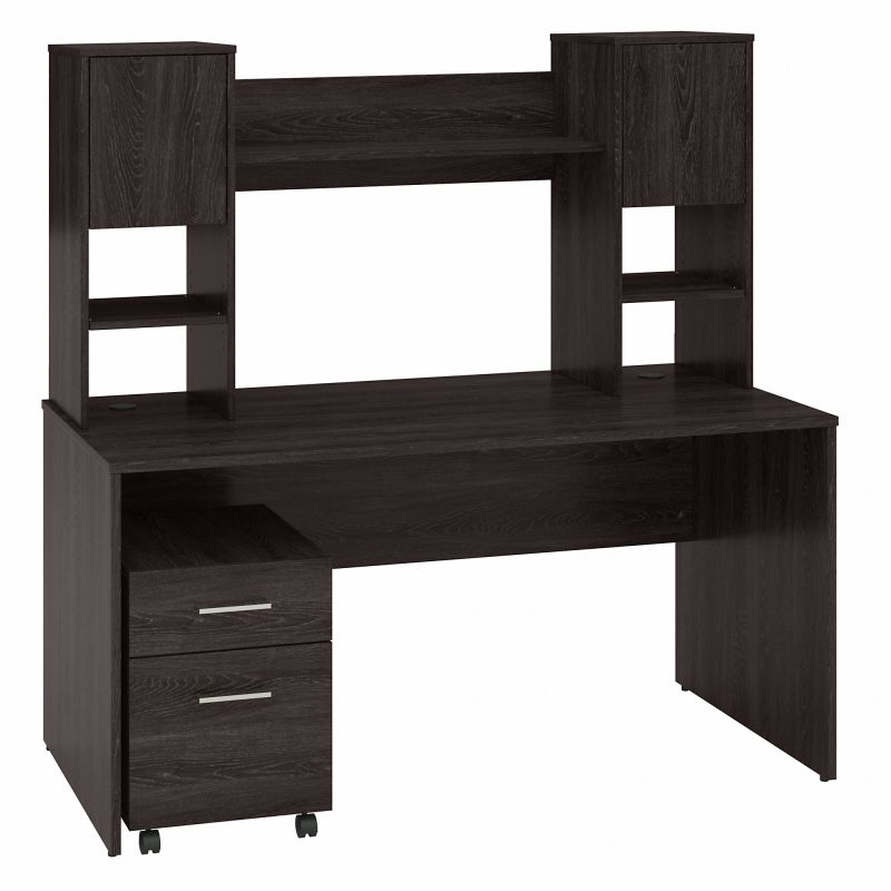 60W Desk with Hutch and Mobile Pedestal Charcoal Gray