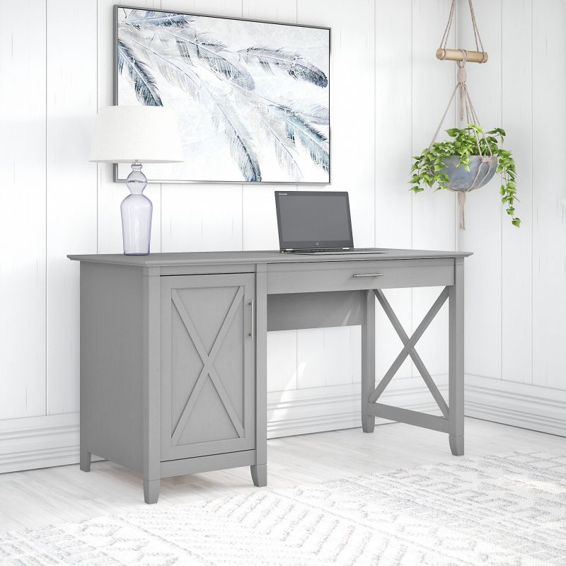 KWD154CG-03 Key West 54W Computer Desk with Keyboard Tray and Storage in Cape Cod Gray