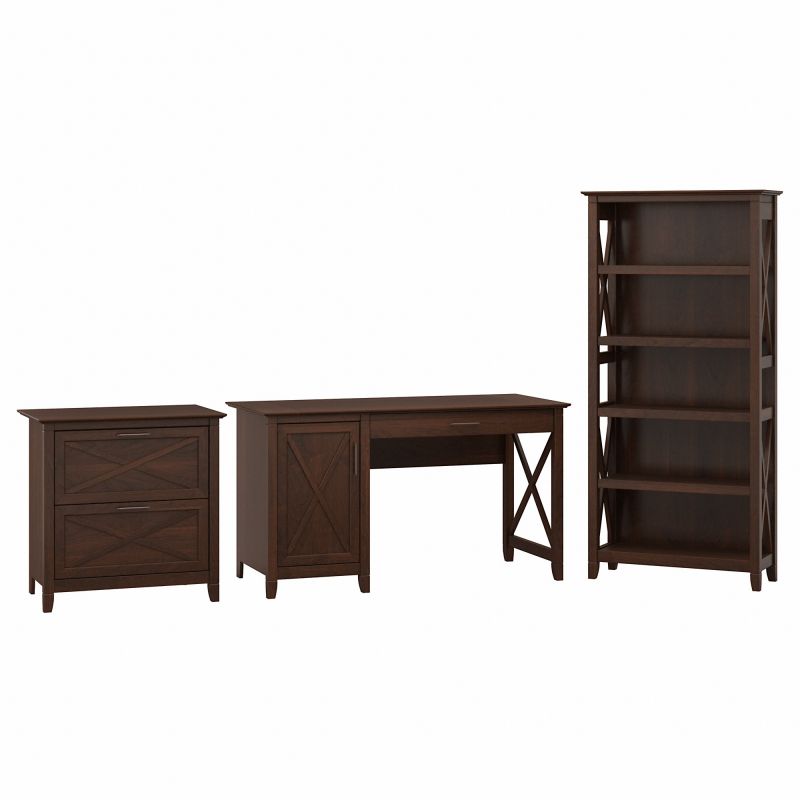 KWS009BC 54W Single Pedestal Desk with Lateral File and 5 Shelf Bookcase Bing Cherry