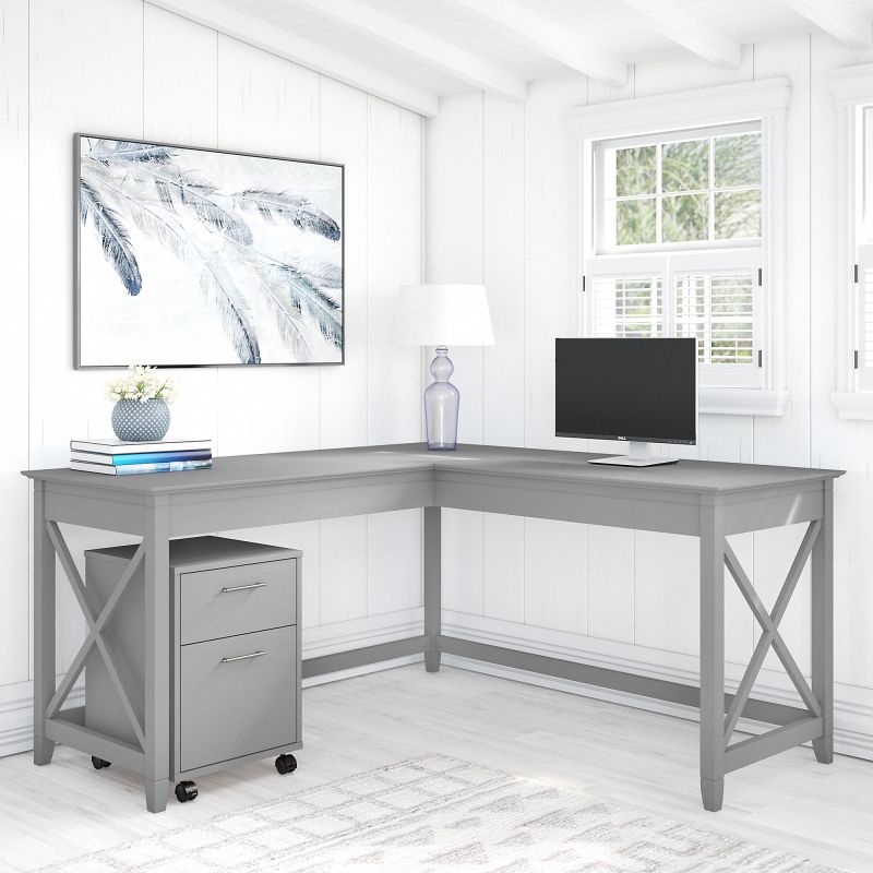 KWS013CG Bush Furniture Key West 60W L Shaped Desk with 2 Drawer Mobile File Cabinet in Cape Cod Gray