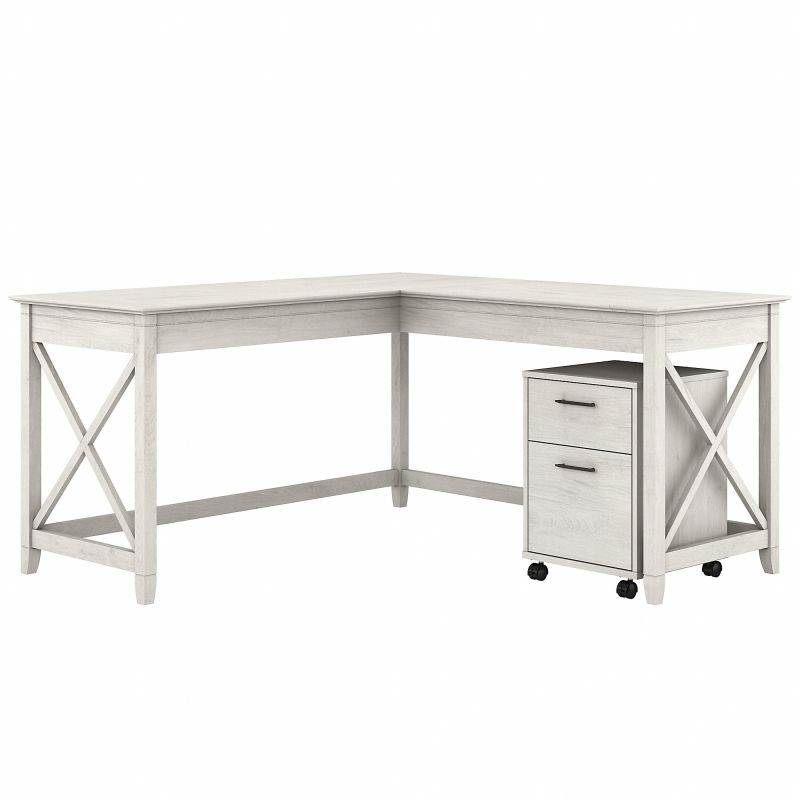 Bush Furniture Key West 60W L Shaped Desk with 2 Drawer Mobile File Cabinet in Linen White Oak
