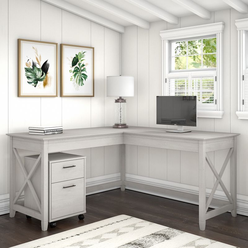 KWS013LW Bush Furniture Key West 60W L Shaped Desk with 2 Drawer Mobile File Cabinet in Linen White Oak