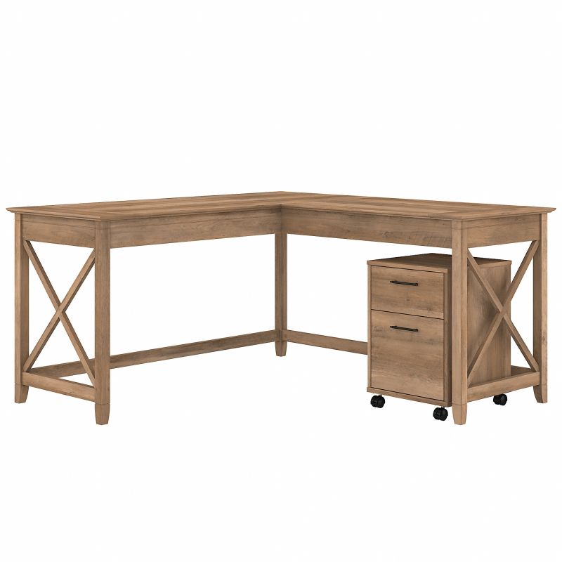 Bush Furniture Key West 60W L Shaped Desk with 2 Drawer Mobile File Cabinet in Reclaimed Pine