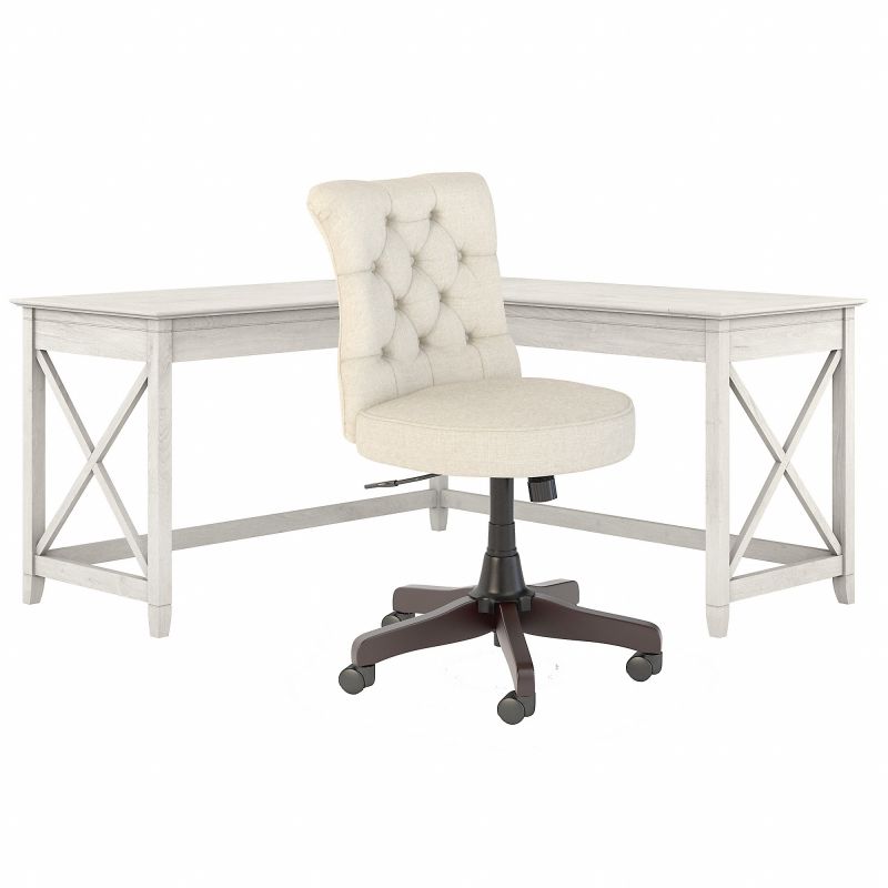 Bush Furniture Key West 60W L Shaped Desk with Mid Back Tufted Office Chair in Linen White Oak