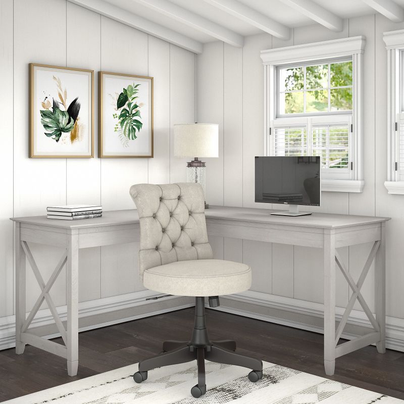 KWS045LW Bush Furniture Key West 60W L Shaped Desk with Mid Back Tufted Office Chair in Linen White Oak