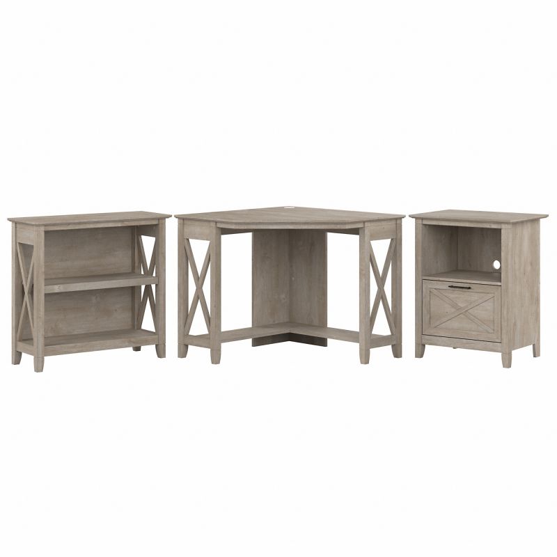 KWS050WG Bush Furniture Key West Small Corner Desk with Bookcase and Lateral File Cabinet in Washed Gray