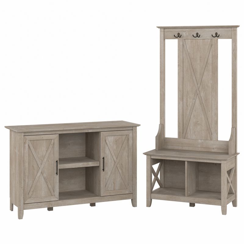 KWS054WG Bush Furniture Key West Entryway Storage Set with Hall Tree, Shoe Bench and 2 Door Cabinet in Washed Gray