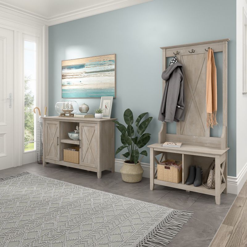 KWS054WG Bush Furniture Key West Entryway Storage Set with Hall Tree, Shoe Bench and 2 Door Cabinet in Washed Gray