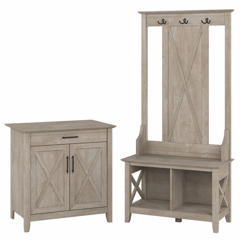 KWS055WG Bush Furniture Key West Entryway Storage Set with Hall Tree, Shoe Bench and Armoire Cabinet in Washed Gray