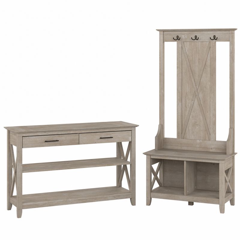 KWS056WG Bush Furniture Key West Entryway Storage Set with Hall Tree, Shoe Bench and Console Table in Washed Gray