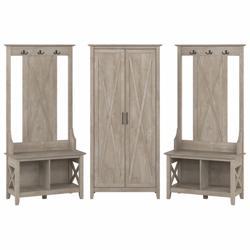 KWS057WG Bush Furniture Key West Entryway Storage Set with Hall Tree, Shoe Bench and Tall Cabinet in Washed Gray