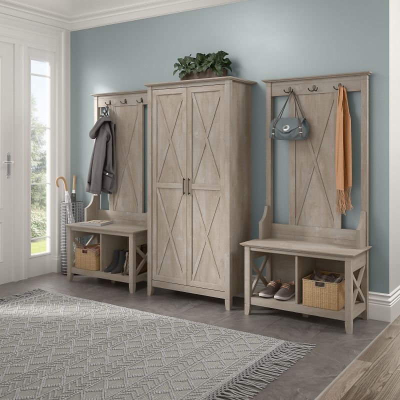 KWS057WG Bush Furniture Key West Entryway Storage Set with Hall Tree, Shoe Bench and Tall Cabinet in Washed Gray
