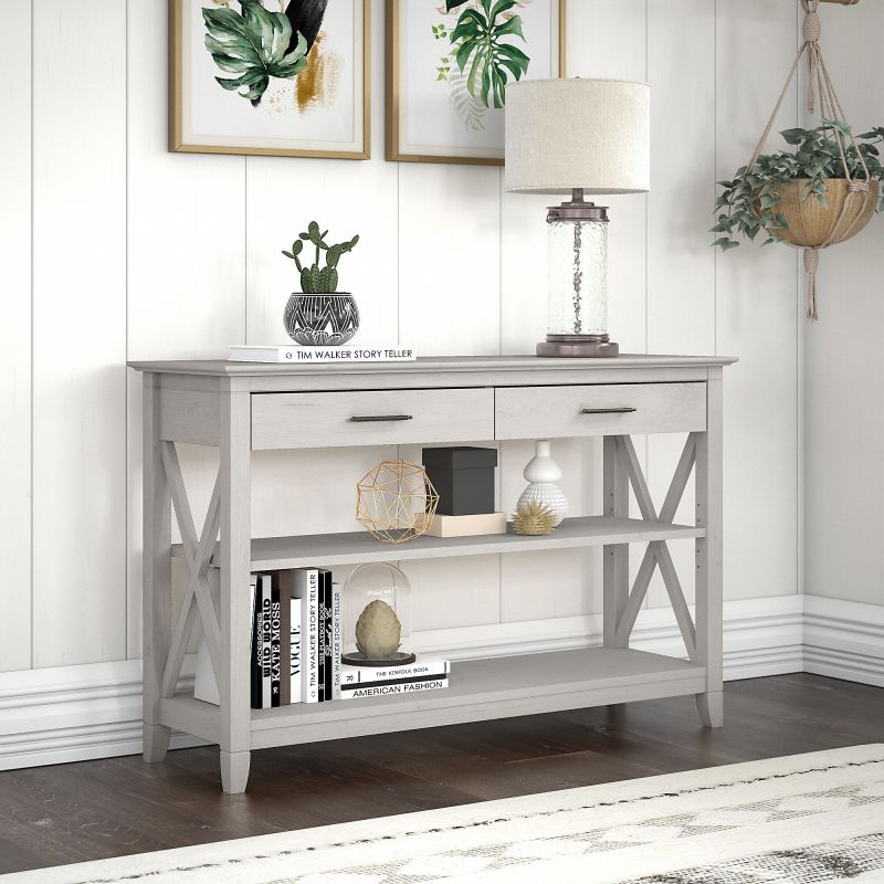 KWT248LW-03 Key West Console Table with Drawers and Shelves in Linen White Oak
