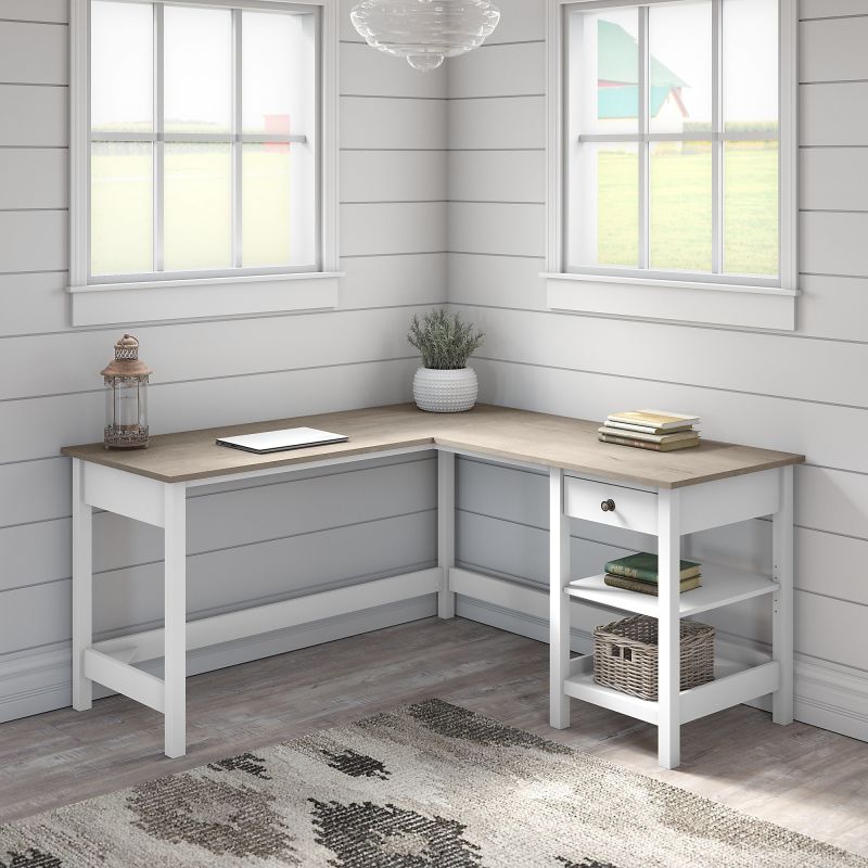 MAD260GW2-03 60W L Shaped Computer Desk with Storage in Pure White and Shiplap Gray