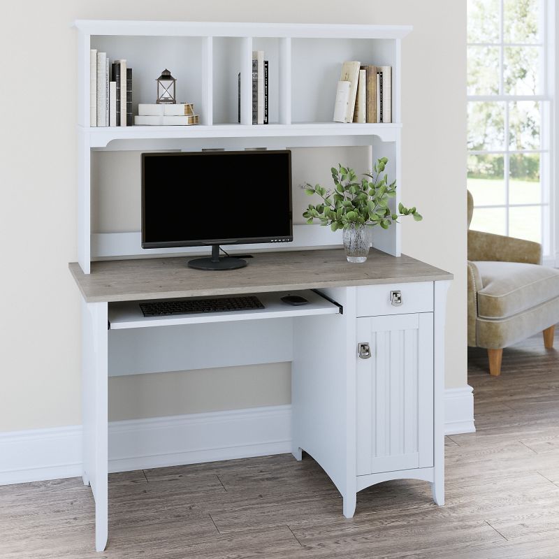 MY72808-03 Bush Furniture Salinas Small Computer Desk with Hutch in Pure White and Shiplap Gray