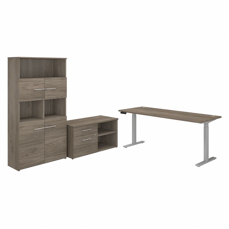 OF5006MHSU Office 500 72W Height Adjustable Standing Desk with Storage and Bookcase in Modern Hickory