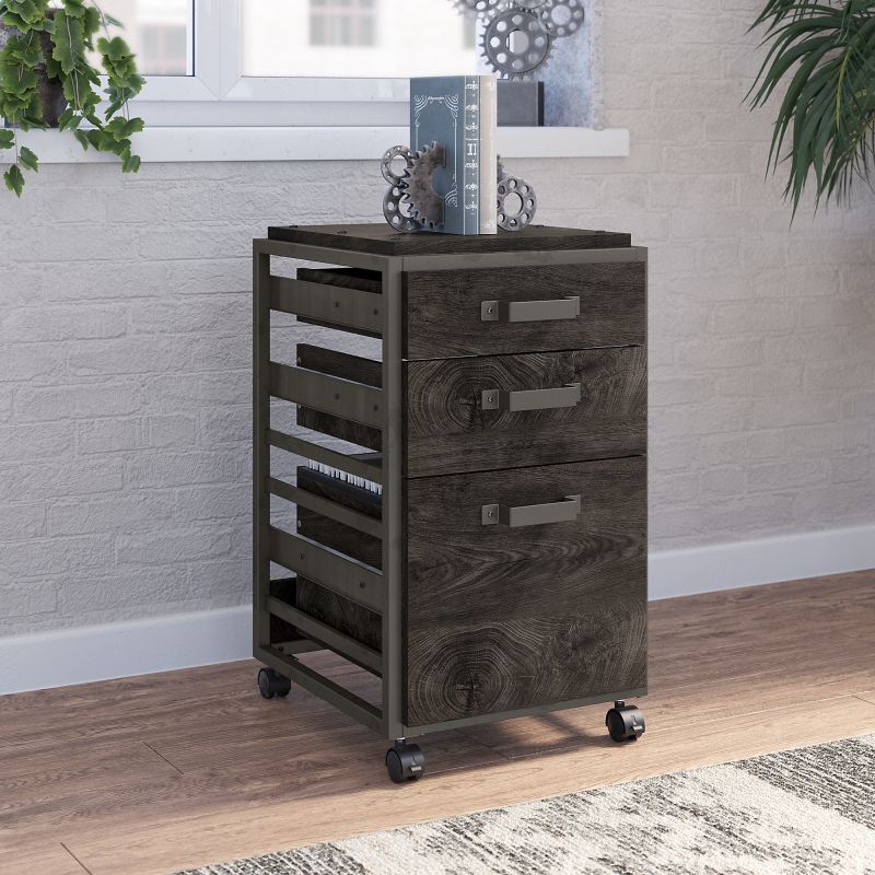 RFF116GH-03 Bush Furniture Refinery 3 Drawer Mobile File Cabinet in Dark Gray Hickory