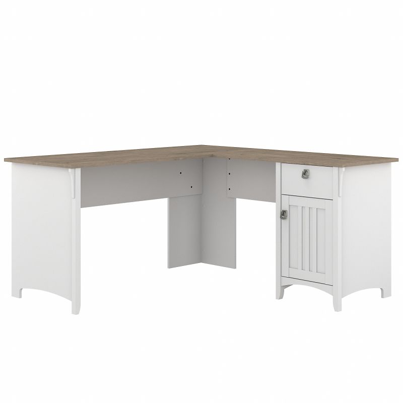 SAD160G2W-03 Bush Furniture Salinas 60W L Shaped Desk with Storage in Pure White and Shiplap Gray