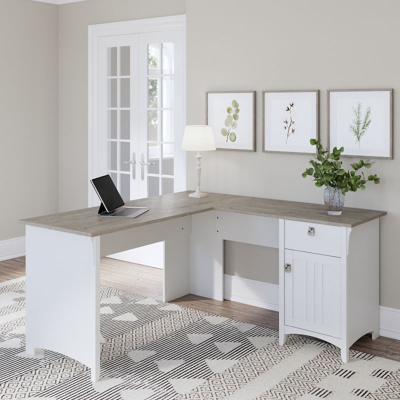 SAD160G2W-03 Bush Furniture Salinas 60W L Shaped Desk with Storage in Pure White and Shiplap Gray