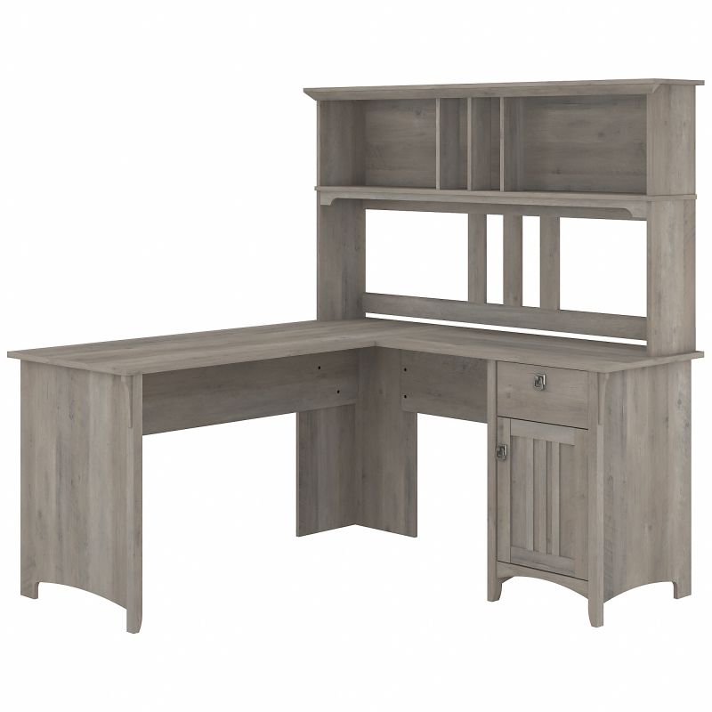 Bush Furniture Salinas 60W L Shaped Desk with Hutch in Driftwood Gray