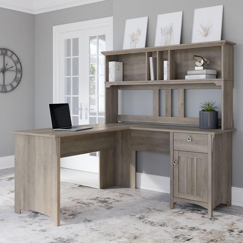 SAL004DG Bush Furniture Salinas 60W L Shaped Desk with Hutch in Driftwood Gray