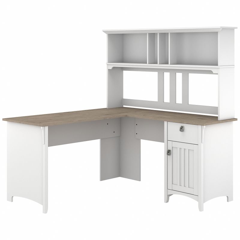 Bush Furniture Salinas 60W L Shaped Desk with Hutch in Pure White and Shiplap Gray