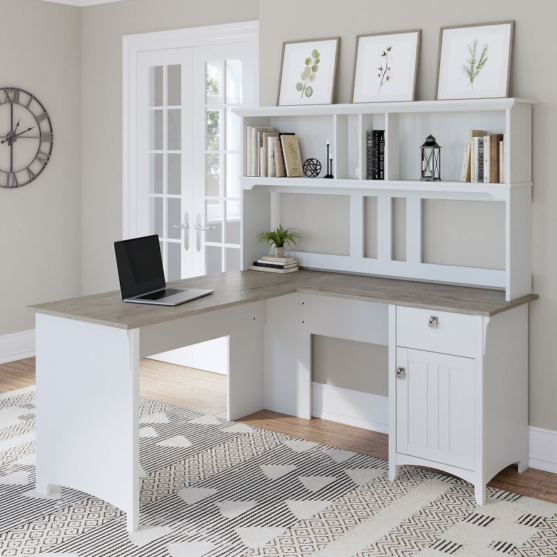 SAL004G2W Bush Furniture Salinas 60W L Shaped Desk with Hutch in Pure White and Shiplap Gray