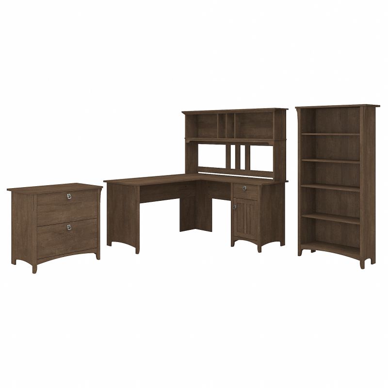 SAL007ABR Bush Furniture Salinas 60W L Shaped Desk with Hutch Lateral File Cabinet and 5 Shelf Bookcase in Ash Brown