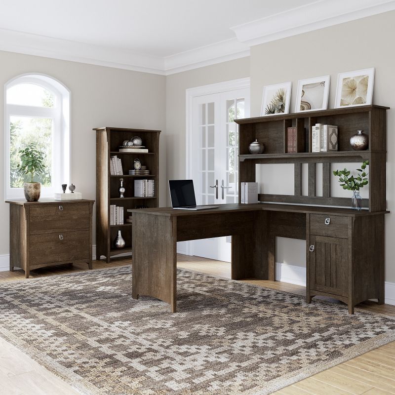 SAL007ABR Bush Furniture Salinas 60W L Shaped Desk with Hutch Lateral File Cabinet and 5 Shelf Bookcase in Ash Brown