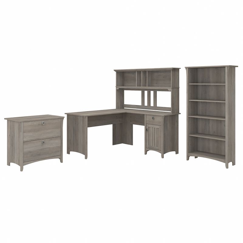 Bush Furniture Salinas 60W L Shaped Desk with Hutch, Lateral File Cabinet and 5 Shelf Bookcase in Driftwood Gray