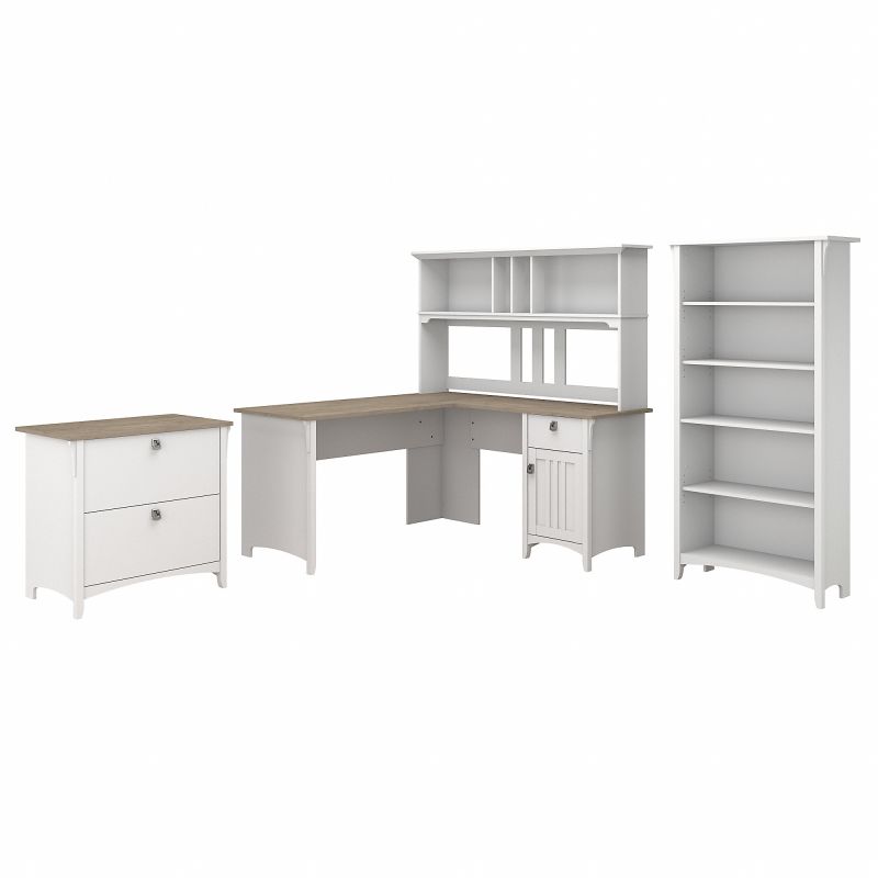 Bush Furniture Salinas 60W L Shaped Desk with Hutch Lateral File Cabinet and 5 Shelf Bookcase in Pure White and Shiplap Gray