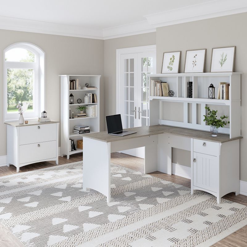 SAL007G2W Bush Furniture Salinas 60W L Shaped Desk with Hutch Lateral File Cabinet and 5 Shelf Bookcase in Pure White and Shiplap Gray