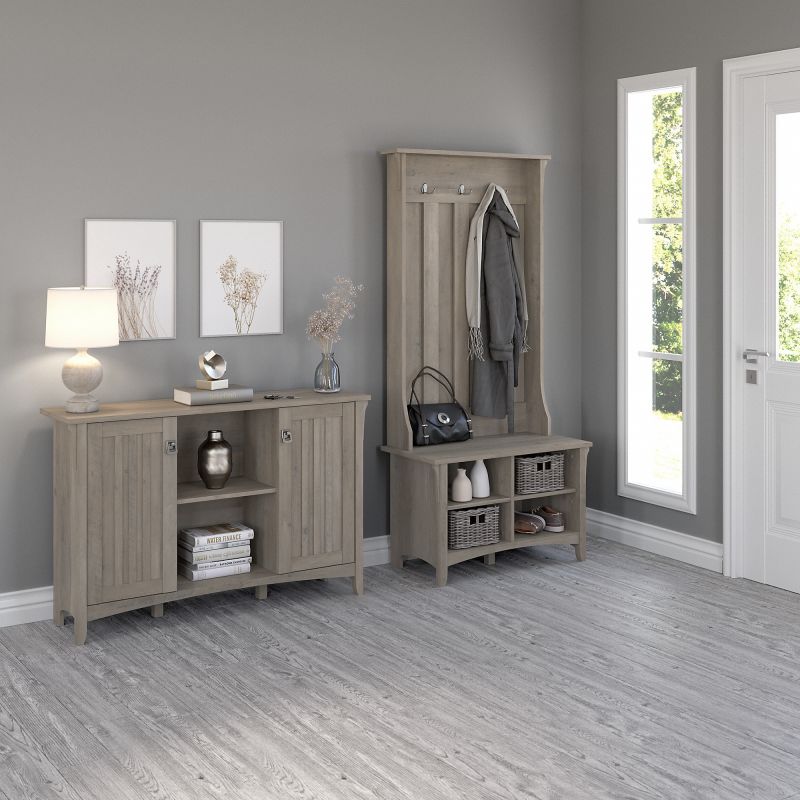 SAL008DG Bush Furniture Salinas Entryway Storage Set with Hall Tree, Shoe Bench and Accent Cabinet in Driftwood Gray