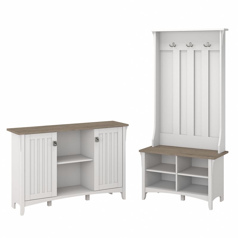 SAL008G2W Bush Furniture Salinas Entryway Storage Set with Hall Tree, Shoe Bench and Accent Cabinet in Pure White and Shiplap Gray