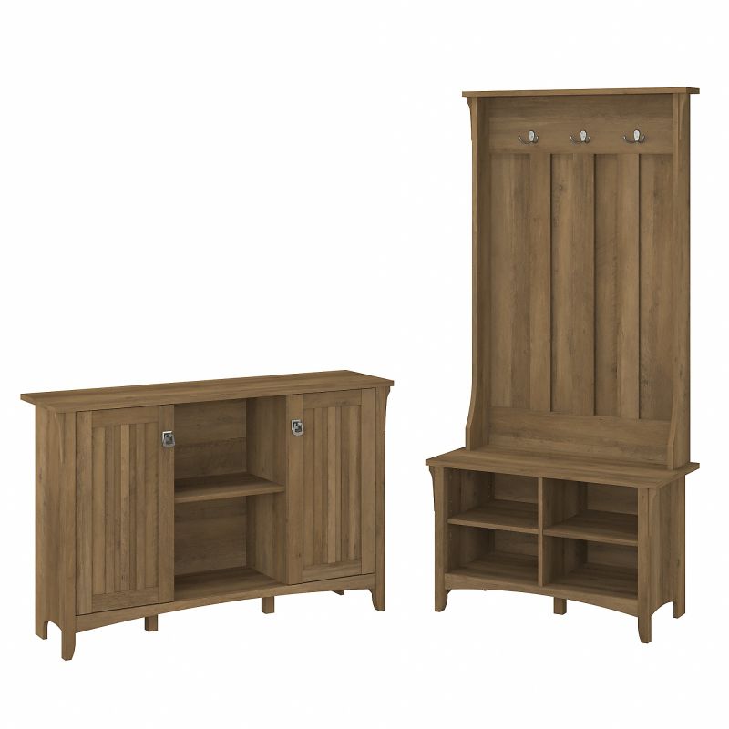 SAL008RCP Bush Furniture Salinas Entryway Storage Set with Hall Tree, Shoe Bench and Accent Cabinet in Reclaimed Pine