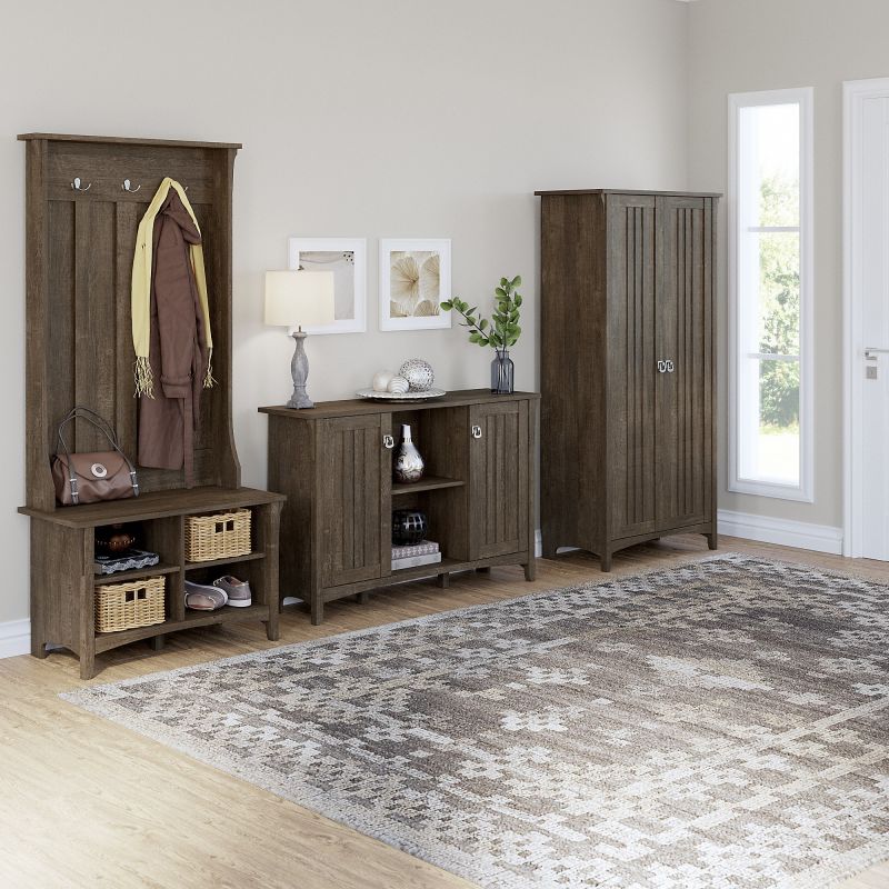 SAL016ABR Bush Furniture Salinas Entryway Storage Set with Hall Tree, Shoe Bench and Accent Cabinets in Ash Brown