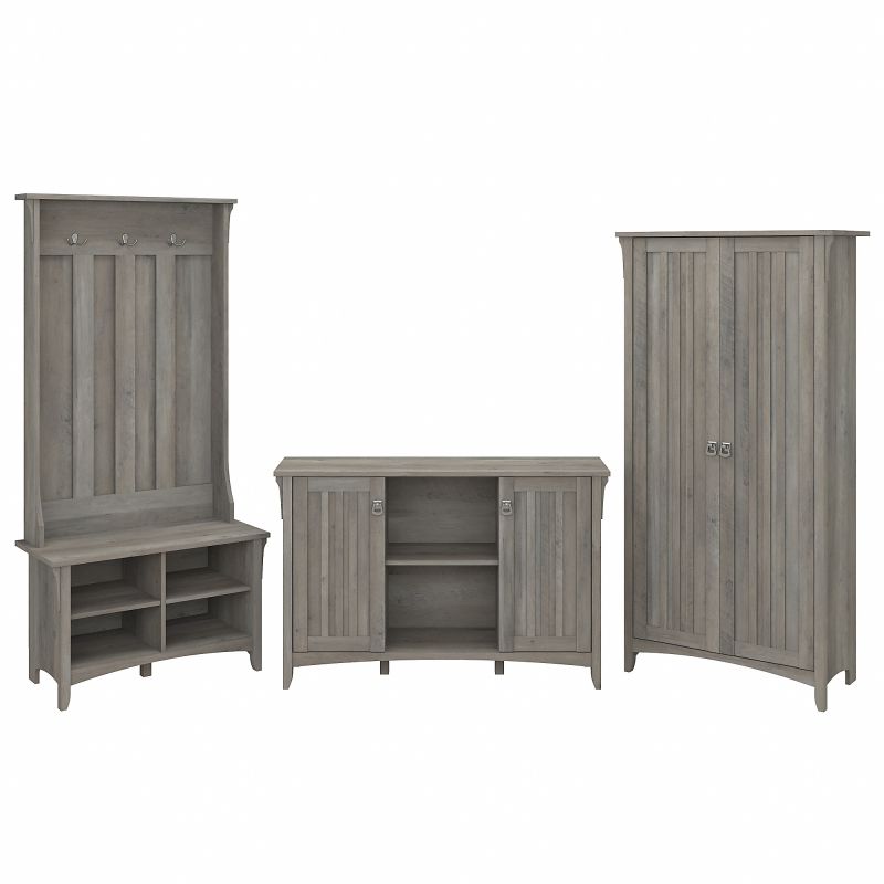 SAL016DG Bush Furniture Salinas Entryway Storage Set with Hall Tree, Shoe Bench and Accent Cabinets in Driftwood Gray