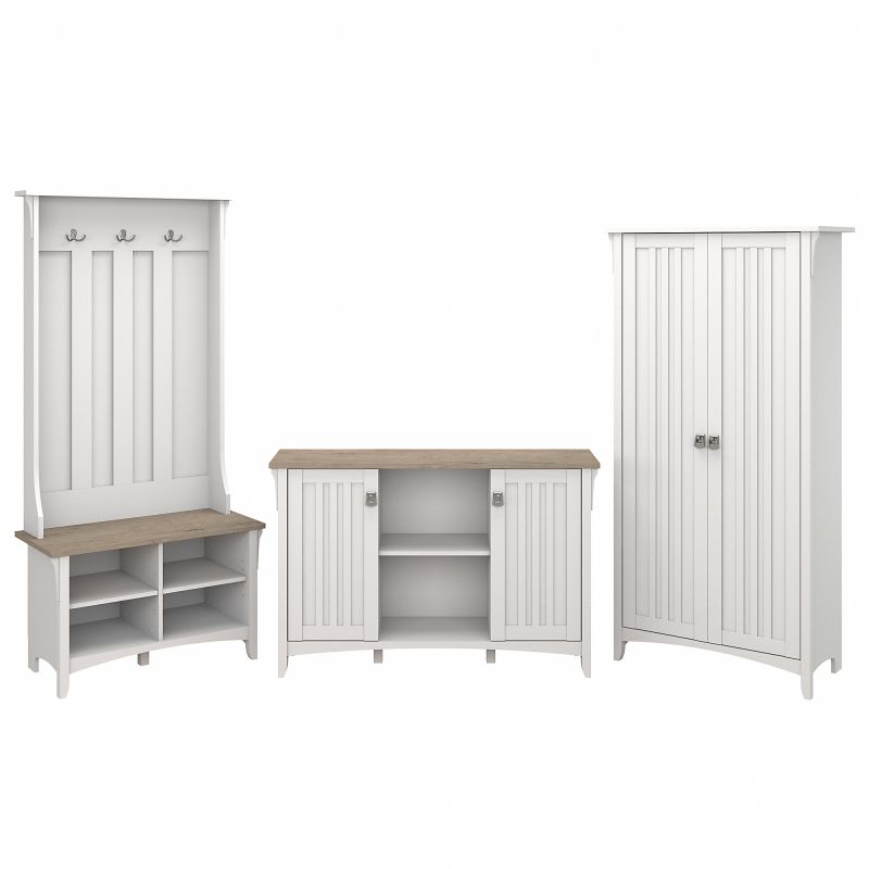 Bush Furniture Salinas Entryway Storage Set with Hall Tree, Shoe Bench and Accent Cabinets in Pure White and Shiplap Gray