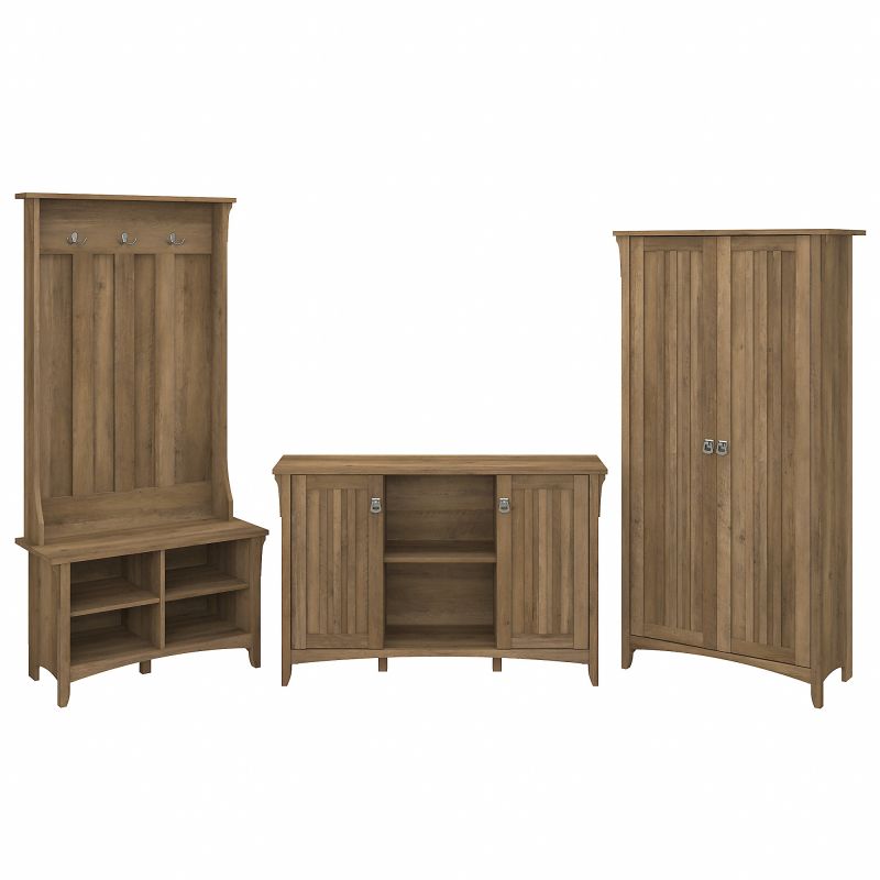 SAL016RCP Bush Furniture Salinas Entryway Storage Set with Hall Tree, Shoe Bench and Accent Cabinets in Reclaimed Pine