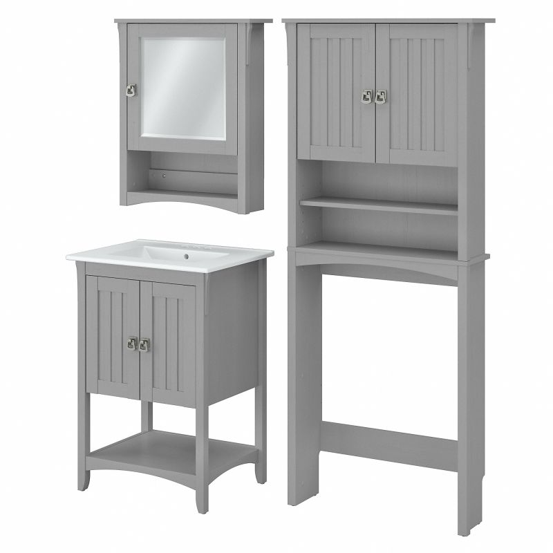 Bush Furniture Salinas 24W Bathroom Vanity Sink with Mirror and Over The Toilet Storage Cabinet in Cape Cod Gray