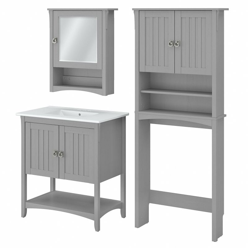 Bush Furniture Salinas 32W Bathroom Vanity Sink with Mirror and Over The Toilet Storage Cabinet in Cape Cod Gray